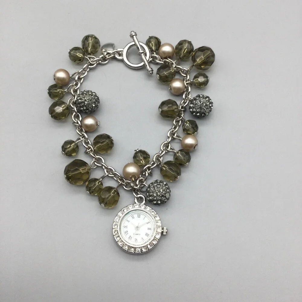 Beaded Charm Bracelet Womens Watch 22mm Silver Tone White Dial Crystal Bezel 8